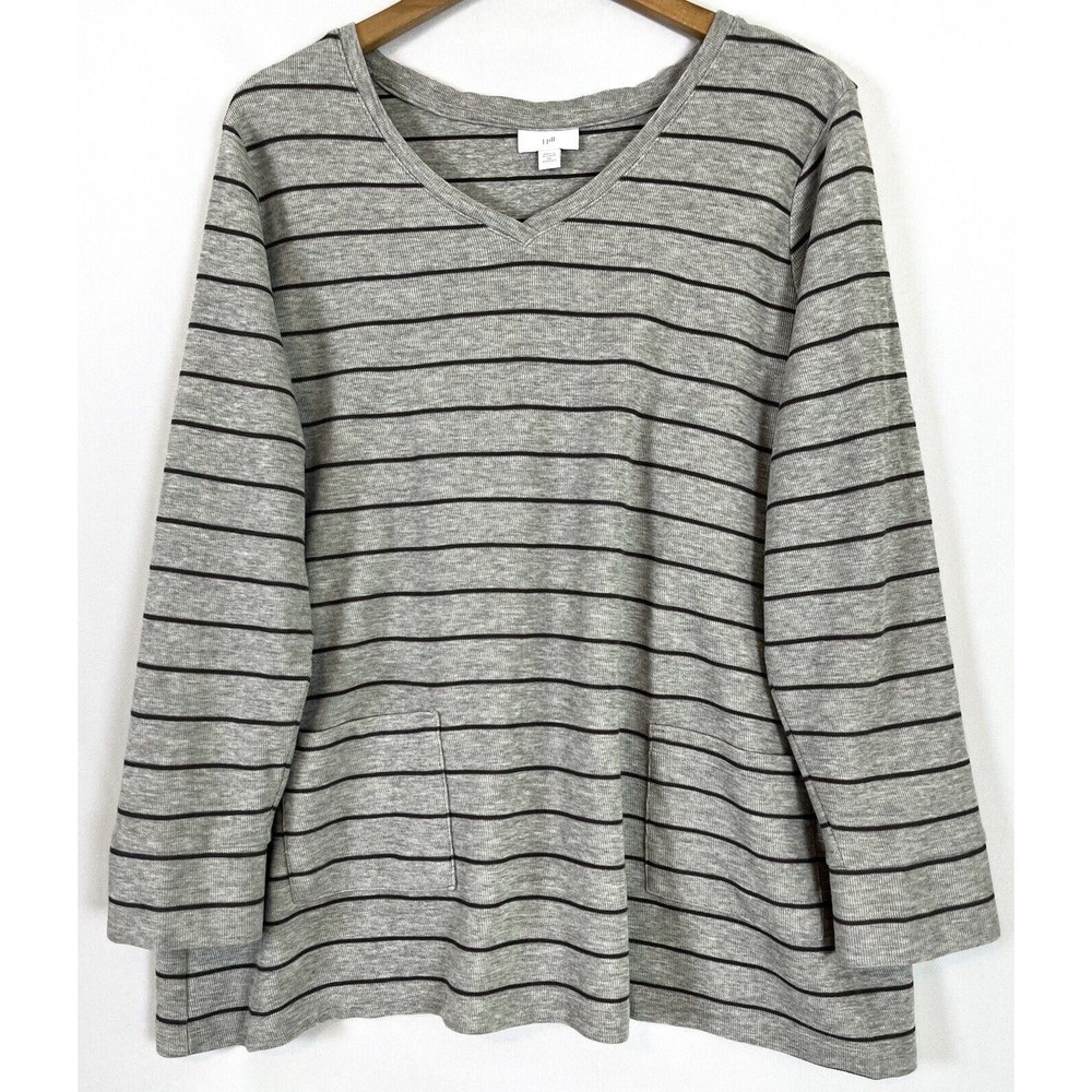 J Jill Womens 2X Thermal Knit Top Pockets Long Sleeve Striped Gray Black Lounge